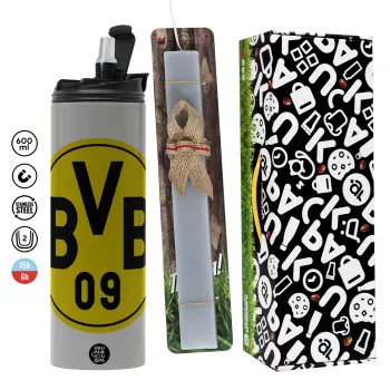 BVB Dortmund, Easter candle with Grey Tumbler Thermo 600ml & aromatic flat candle (30cm) (GREY)