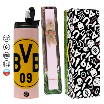 BVB Μπορούσια Ντόρτμουντ , Πασχαλινή Λαμπάδα με  ΡΟΖ Travel Tumbler θερμό (600ml, BPA free) & κερί αρωματικό πλακέ (30cm) (ΡΟΖ)