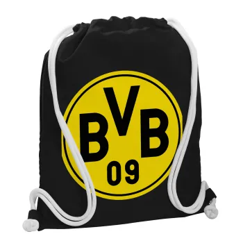 BVB Dortmund, Backpack pouch GYMBAG Black, with pocket (40x48cm) & thick white cords