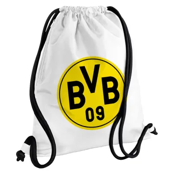 BVB Μπορούσια Ντόρτμουντ , Τσάντα πλάτης πουγκί GYMBAG λευκή, με τσέπη (40x48cm) & χονδρά κορδόνια
