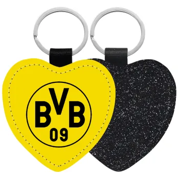 BVB Μπορούσια Ντόρτμουντ , Μπρελόκ PU δερμάτινο glitter καρδιά ΜΑΥΡΟ