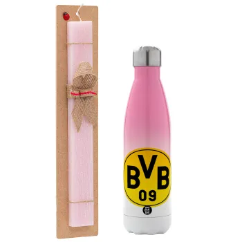 BVB Dortmund, Easter Set, Metallic pink/white (Stainless steel) thermos, double-walled, 500ml & aromatic flat Easter candle (30cm) (PINK)