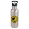 Water bottle Silver with straw, stainless steel 600ml