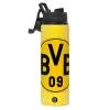 Metallic water bottle with safety lid, 850ml aluminum