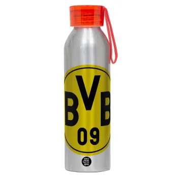 BVB Μπορούσια Ντόρτμουντ , Αλουμινένιο Αθλητικό Μπουκάλι 650ml – Ασημί με Κόκκινο Καπάκι και Λουράκι Σιλικόνης