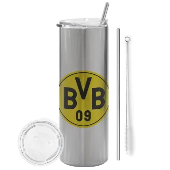 BVB Dortmund, Tumbler stainless steel Silver 600ml, with metal straw & cleaning brush