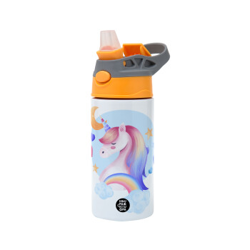 Cute unicorn, Children's hot water bottle, stainless steel, with safety straw, Orange/Grey (360ml) BPA-FREE