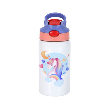 Cute unicorn, Children's hot water bottle, stainless steel, with safety straw, pink/purple (350ml)