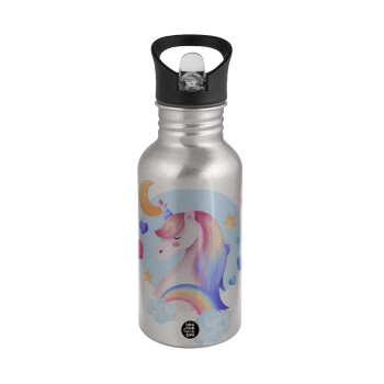 Cute unicorn, Water bottle Silver with straw, stainless steel 500ml