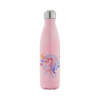 Cute unicorn, Metal mug thermos Pink Iridiscent (Stainless steel), double wall, 500ml