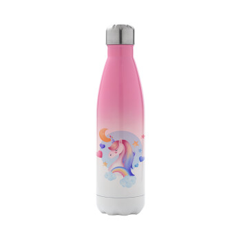 Cute unicorn, Metal mug thermos Pink/White (Stainless steel), double wall, 500ml