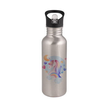 Cute unicorn, Water bottle Silver with straw, stainless steel 600ml