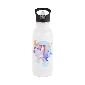 Cute unicorn, White water bottle with straw, stainless steel 600ml