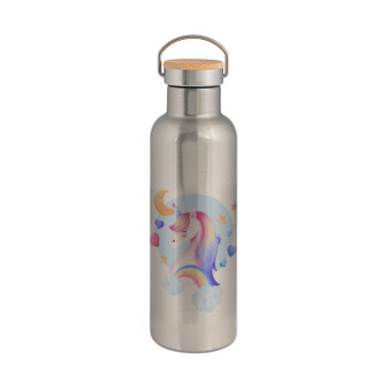 Cute unicorn, Stainless steel Silver with wooden lid (bamboo), double wall, 750ml