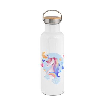 Cute unicorn, Stainless steel White with wooden lid (bamboo), double wall, 750ml