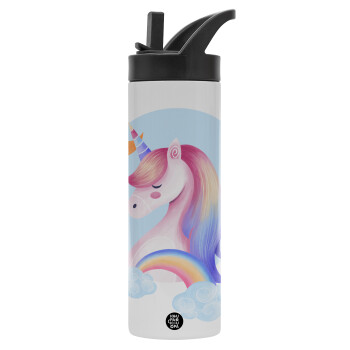 Μονόκερος, Μεταλλικό παγούρι θερμός με καλαμάκι & χειρολαβή, ανοξείδωτο ατσάλι (Stainless steel 304), διπλού τοιχώματος, 600ml