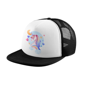 Cute unicorn, Καπέλο Ενηλίκων Soft Trucker με Δίχτυ Black/White (POLYESTER, ΕΝΗΛΙΚΩΝ, UNISEX, ONE SIZE)