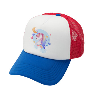 Cute unicorn, Καπέλο Soft Trucker με Δίχτυ Red/Blue/White 