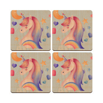 Cute unicorn, ΣΕΤ x4 Σουβέρ ξύλινα τετράγωνα plywood (9cm)