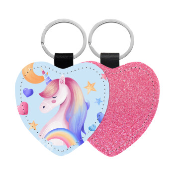 Μονόκερος, Μπρελόκ PU δερμάτινο glitter καρδιά ΡΟΖ