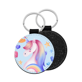 Cute unicorn, Μπρελόκ Δερματίνη, στρογγυλό ΜΑΥΡΟ (5cm)