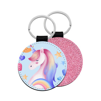 Μονόκερος, Μπρελόκ Δερματίνη, στρογγυλό ΡΟΖ (5cm)