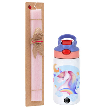 Μονόκερος, Πασχαλινό Σετ, Παιδικό παγούρι θερμό, ανοξείδωτο, με καλαμάκι ασφαλείας, ροζ/μωβ (350ml) & πασχαλινή λαμπάδα αρωματική πλακέ (30cm) (ΡΟΖ)