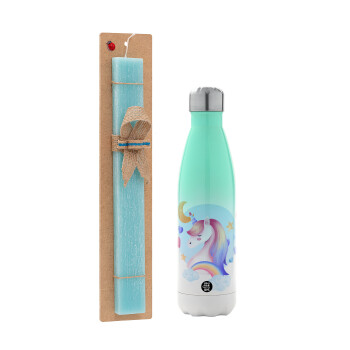 Μονόκερος, Πασχαλινή Λαμπάδα με Μεταλλικό παγούρι θερμός Πράσινο/Λευκό (Stainless steel), διπλού τοιχώματος, 500ml & κερί αρωματικό πλακέ (30cm) (ΤΙΡΚΟΥΑΖ)