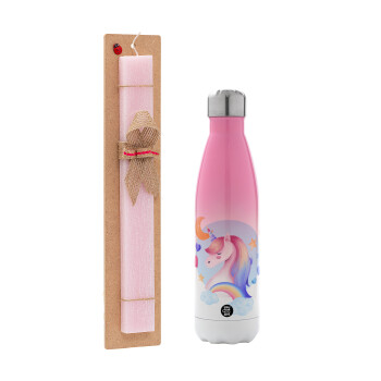 Μονόκερος, Πασχαλινή Λαμπάδα με Μεταλλικό παγούρι θερμός Ροζ/Λευκό (Stainless steel), διπλού τοιχώματος, 500ml & κερί αρωματικό πλακέ (30cm) (ΡΟΖ)