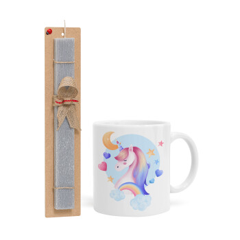 Μονόκερος, Πασχαλινή Λαμπάδα με Κούπα κεραμική (330ml) & κερί αρωματικό πλακέ (30cm) (ΓΚΡΙ)