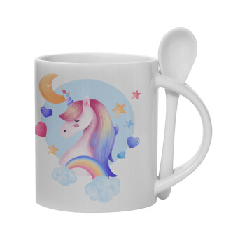 Cute unicorn, Ceramic coffee mug with Spoon, 330ml (1pcs)