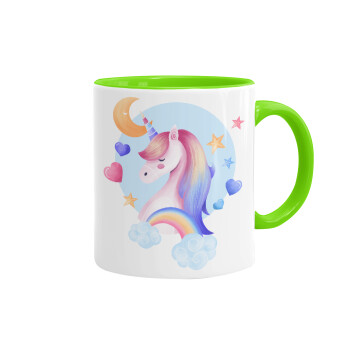 Cute unicorn, Mug colored light green, ceramic, 330ml