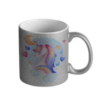 Cute unicorn, Κούπα Ασημένια Glitter που γυαλίζει, κεραμική, 330ml