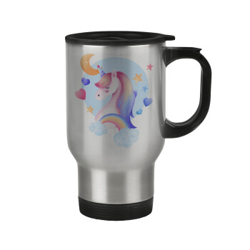 Cute unicorn, Stainless steel travel mug with lid, double wall 450ml