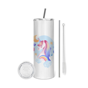 Cute unicorn, Eco friendly stainless steel tumbler 600ml, with metal straw & cleaning brush