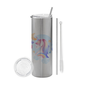 Cute unicorn, Eco friendly stainless steel Silver tumbler 600ml, with metal straw & cleaning brush