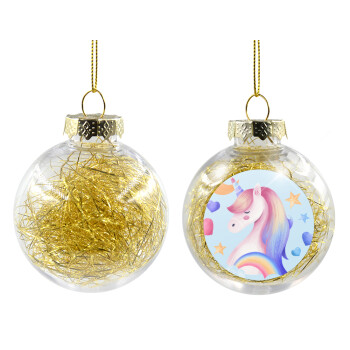 Cute unicorn, Χριστουγεννιάτικη μπάλα δένδρου διάφανη με χρυσό γέμισμα 8cm