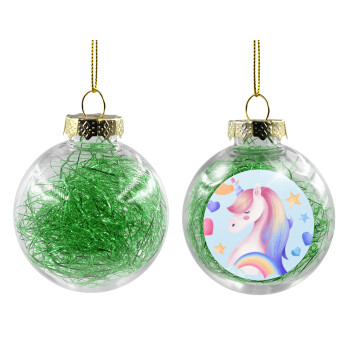 Cute unicorn, Χριστουγεννιάτικη μπάλα δένδρου διάφανη με πράσινο γέμισμα 8cm