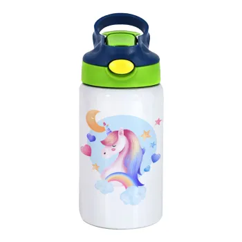 Cute unicorn, Children's hot water bottle, stainless steel, with safety straw, green, blue (350ml)