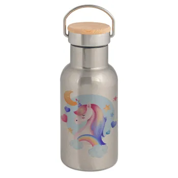 Cute unicorn, Stainless steel metallic thermos flask, silver with a bamboo lid, double-walled, 350ml.