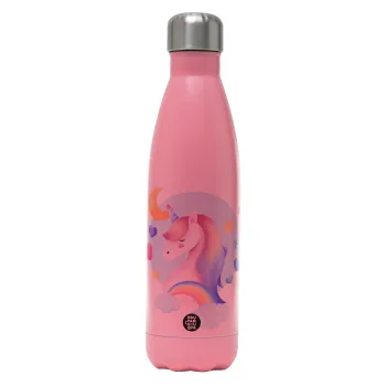 Cute unicorn, Metal mug thermos Pink Mat (Stainless steel), double wall, 500ml