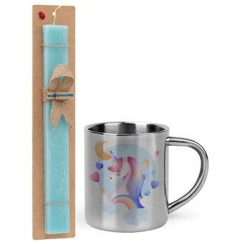 Cute unicorn, Easter Set, metallic thermal cup (300ml) & aromatic flat Easter candle (30cm) (TURQUOISE)