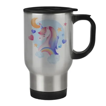 Cute unicorn, Stainless steel travel mug with lid, double wall 450ml