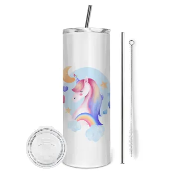Cute unicorn, Tumbler stainless steel 600ml, with metal straw & cleaning brush