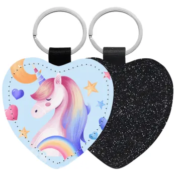 Cute unicorn, Μπρελόκ PU δερμάτινο glitter καρδιά ΜΑΥΡΟ