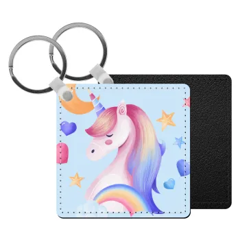 Cute unicorn, Μπρελόκ Δερματίνη, τετράγωνο ΜΑΥΡΟ (5x5cm)