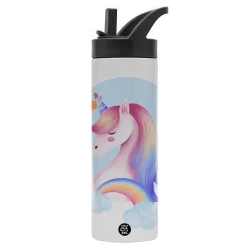 Μονόκερος, Μεταλλικό παγούρι θερμός με καλαμάκι & χειρολαβή, ανοξείδωτο ατσάλι (Stainless steel 304), διπλού τοιχώματος, 600ml