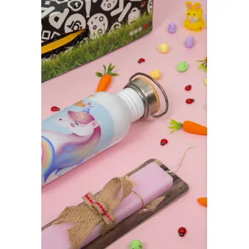 Μονόκερος, Πασχαλινή Λαμπάδα με παγούρι μεταλλικό (620ml, stainless steel) & κερί αρωματικό πλακέ (30cm) (ΡΟΖ)