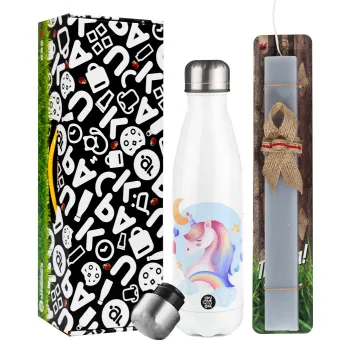 Cute unicorn, Easter candle, metallic white thermos bottle (500ml) & aromatic flat candle (30cm) (GRAY)