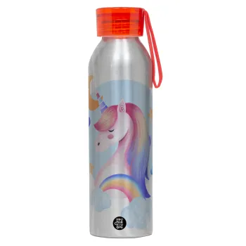 Μονόκερος, Αλουμινένιο Αθλητικό Μπουκάλι 650ml – Ασημί με Κόκκινο Καπάκι και Λουράκι Σιλικόνης